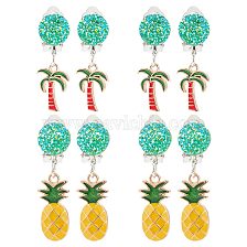 ARRICRAFT 4 Pairs 2 Style Coconut Tree & Pineapple Enamel Dangle Clip-on Earring, Platinum Alloy Non-piercing Jewelry for Women