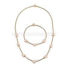 Beaded Bracelets & Necklaces Jewelry Sets, with Natural Cultured Freshwater Pearl Beads, 304 Stainless Steel Rolo Chains and Brass Spring Ring Clasps