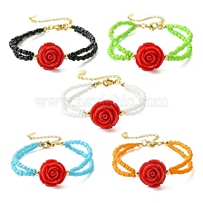 Glass Seed Beads Multi-strand Bracelets, Red Resin Rose Flower Bracelets