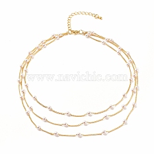 Round Plastic Pearl Beaded Triple Layer Necklace, Brass Chain Necklace for Women