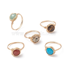 Natural & Synthetic Mixed Gemstone Flat Round Finger Ring, Golden Copper Wire Wrap Jewelry for Women