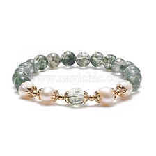 Imitation Green Quartz Glass & Natural Pearl & Brass Flower Beaded Stretch Bracelet for Women