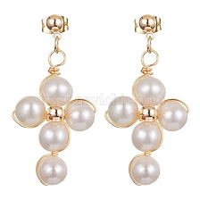 Grade A Natural Pearl Cross Dangle Stud Earrings, Real 18K Gold Plated Brass Wire Wrap Drop Earrings