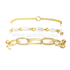 3Pcs 3 Style Aluminium Paperclip & Brass Curb & Imitation Pearl Acrylic Beaded Link Chain Bracelets Set, Stackable Bracelets