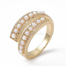 Clear Cubic Zirconia Open Cuff Ring with Plastic Imitation Pearl Beaded, Rack Plating Brass Jewelry for Women, Cadmium Free & Lead Free