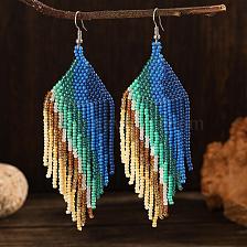 Bohemian Style Blue Ombre Tassel Earrings with Glass Beads