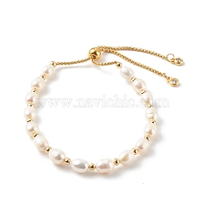 Rice Natural Pearl Slide Bracelets, Bolo Bracelets, with 304 Stainless Steel Box Chains, Golden