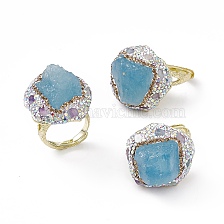 Irregular Natural Aquamarine Adjustable Rings with Rhinestone, Rack Plating Brass Wide Ring for Women, Cadmium Free & Lead Free, Golden