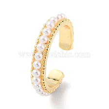 Plastic Pearl Beaded Open Cuff Ring, Rack Plating Brass Jewelry for Women, Cadmium Free & Lead Free