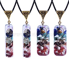 4Pcs 2 Styles Chakra Jewelry, Resin Orgonite Necklaces, with Waxed Cord, Natural Gemstone Inside and Velvet Bag, Rectangle, Antique Golden