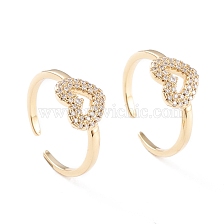 Brass Micro Pave Cubic Zirconia Cuff Rings, Open Heart Rings, Long-Lasting Plated, Real 18K Gold Plated