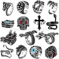 15Pcs 15 Style Evil Eye & Dragon & Cross & Leather & Skull & Snake & Claw Alloy Open Cuff Rings, Gothic Chunky Rrings with Rhinestone for Men Women