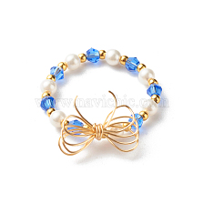 Imitate Austrian Crystal Bicone Glass Beaded Finger Rings, with Round Shell Pearl Beads and 304 Stainless Steel Round Beads, Eco-Friendly Copper Wire, Bowknot, Real 18K Gold Plated, Blue, US Size 9(18.9mm)