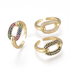 Brass Micro Pave Cubic Zirconia Cuff Rings, Open Rings, Long-Lasting Plated, Oval, Real 18K Gold Plated