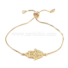 Adjustable Brass Micro Pave Clear Cubic Zirconia Bolo Bracelets, Slider Bracelets, with Box Chains, Hamsa Hand/Hand of Fatima/Hand of Miriam