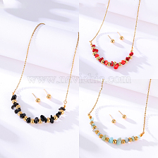 Bohemian-style natural stone and gold bead pendant necklace and earrings set.