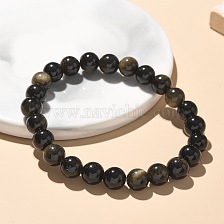 Natural Golden Sheen Obsidian Bead Stretch Bracelets, Round, 2-1/8 inch~2-3/8 inch(5.5~6cm), Bead: 8mm