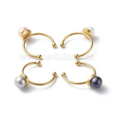 Shell Pearl Round Beads Cuff Rings, Open Rings, with 304 Stainless Steel Cuff Ring