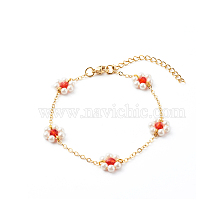 Shell Pearl & Acrylic Beads Flower Link Bracelets, with Brass Cable Chains, Golden, Red, 2mm, 7-1/4 inch(18.4cm)