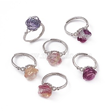 Flower Natural Fluorite Adjustable Rings, Platinum Tone Brass Finger Rings for Women