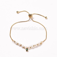 Adjustable Brass Slider Bracelets, Bolo Bracelets, with Teardrop Brass Cubic Zirconia Charms, Brass Beads and Natural Pearl Beads