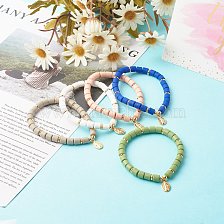 Handmade Polymer Clay Beads  Stretch Bracelets, with Brass Charm, Oval with Virgin Mary