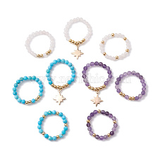 3Pcs 3 Styles Natural Mixed Gemstone Beaded Stretch Rings Set, Stackable Rings with Brass Star Charms