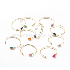 Enamel Safety Pin Shape Open Cuff Bangle, Golden Brass Jewelry for Women