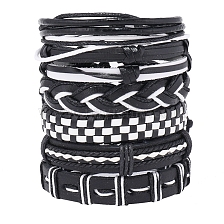 6Pcs 6 Style Adjustable Braided Imitation Leather Cord Bracelet Set with Waxed Cord for Men