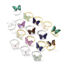 Natural & Synthetic Mixed Gemstone Butterfly Adjustable Rings, Brass Jewelry for Women, Cadmium Free & Lead Free