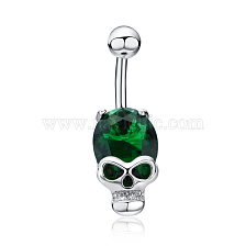 Real Platinum Plated Skull Brass Cubic Zirconia Navel Ring Navel Ring Belly Rings, with 304 Stainless Steel Bar, 30x10mm