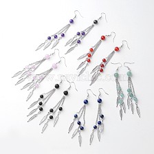 Natural Gemstone Dangle Earrings, Tassels Earrings, with Brass Earring Hooks, Feather, 110mm, Pin: 0.7mm