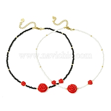 2Pcs 2 Colors Glass Seed Beaded Necklace Sets, Red Rose Flower Resin Necklaces for Women