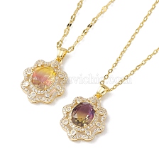 Brass Micro Pave Cubic Zirconia Pendant Necklaces, with Glass, Flower