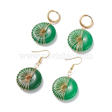 Donut Natural Malaysia Jade Dangle Hoop Earrings, Wire Wrap Stone Drop Earrings for Women, Golden