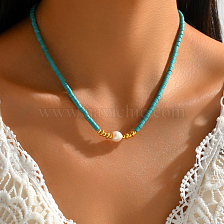 Bohemian Turquoise Pearl Collar Necklace - Unique Handmade Gift for Ladies.