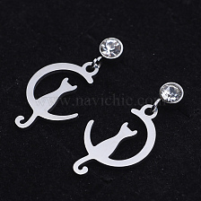 201 Stainless Steel Kitten Dangle Stud Earrings, with Clear Cubic Zirconia, Crescent Moon with Cat