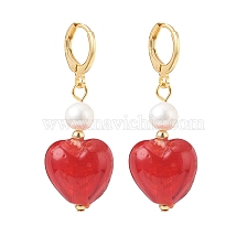 Red Glass Heart with Natural Pearl Dangle Leverback Earrings, Brass Long Drop Earrings for Women