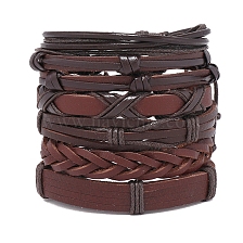 6Pcs 6 Style Adjustable Braided Imitation Leather Cord Bracelet Set with Waxed Cord for Men