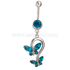 Piercing Jewelry Real Platinum Plated Brass Rhinestone Double Butterfly Navel Ring Belly Rings, 51x17mm