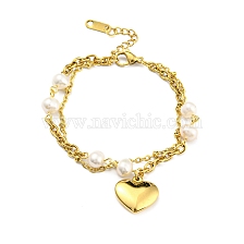 Vacuum Plating 304 Stainless Steel Double Layer Multi-strand Bracelet, Heart Charms Bracelet with Natural Pearl Beaded for Girl Women