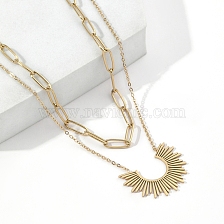 201 Stainless Steel Cable & Paperclip Chains Double Layer Necklaces, with Sun Pendant