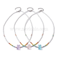 3 PCS Bear Shape Acrylic Beaded Necklaces, with Glass Seed Beads