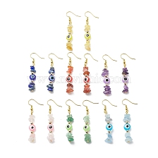 7Pcs 7 Style Natural Mixed Gemstone Chips & Resin Evil Eye Beaded Dangle Earrings, Golden Brass Long Drop Earrings for Women