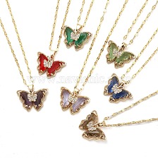 Butterfly Light Gold Brass Micro Pave Cubic Zirconia Pendant Necklaces, with Glass