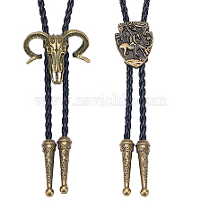 Gorgecraft 2Pcs 2 Style Imitation Leather Cords Bolo Ties, Cattle & Shield Alloy Lariat Necklaces for Men