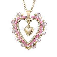 Seed Beads & Glass Heart Pendant Necklaces, 304 Stainless Steel Cable Chain Necklaces for Women