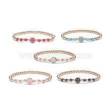 5Pcs 5 Colors Alloy Enamel Smiling Face & Brass & Glass Beaded Stretch Bracelets Set for Women