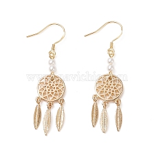 Brass Dangle Earrings for Women, with Plastic Beads and 925 Sterling Silver Pins, Woven Web/Net with Feather