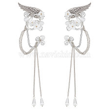 Aluminum Wing and Flower Cuff Earrings with Plastic Pearl Tassel, Alloy Wire Wrap Elf Ear Cuffs for Elven Cosplay Wedding Party